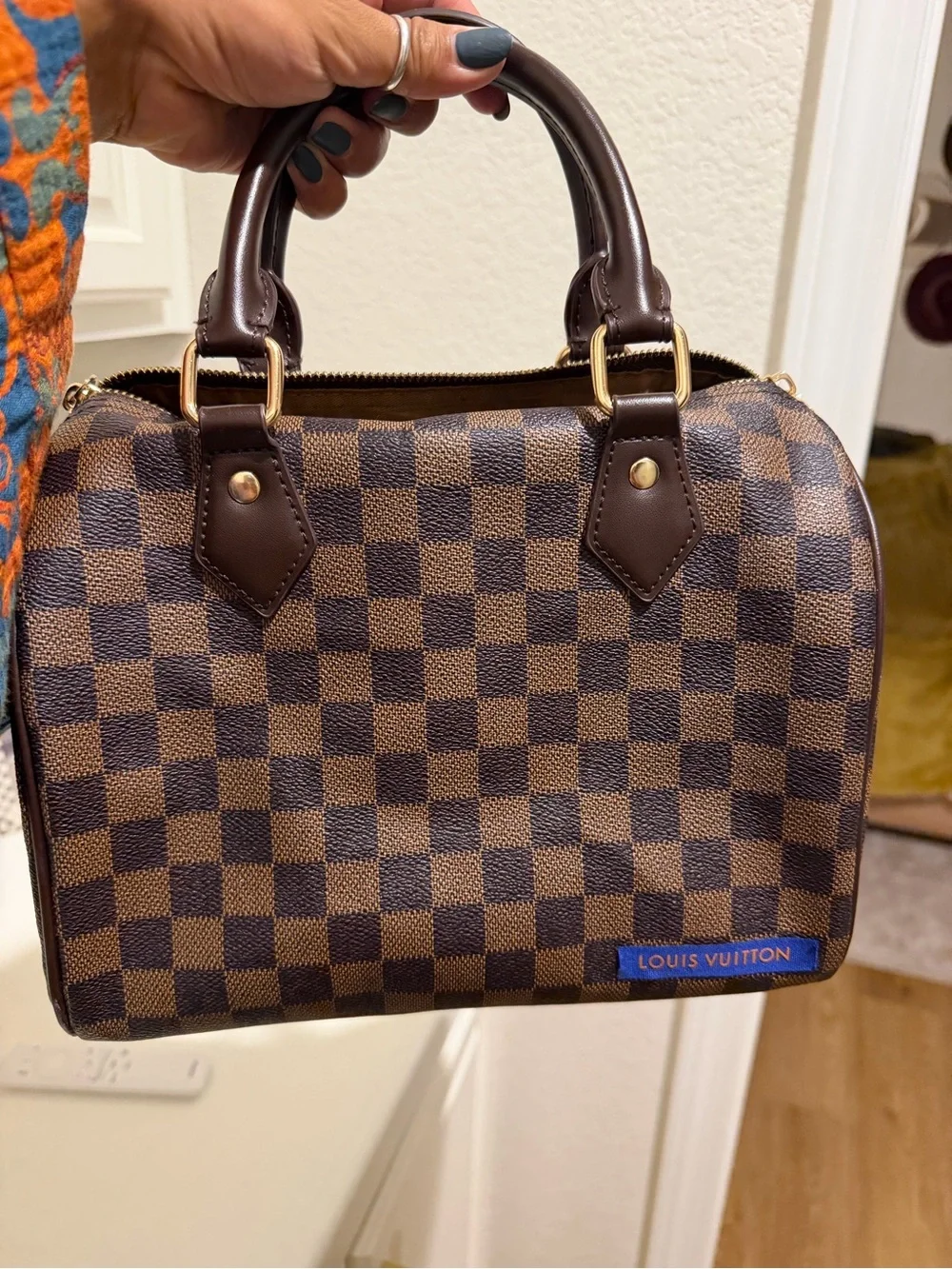 Designer inspired Brown checkered Mini Satchel with Gold Hardware